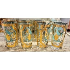 FRED PRESS Aqua Turquoise Gold Trojan Horse Glasses 60s Vintage Set Of 8